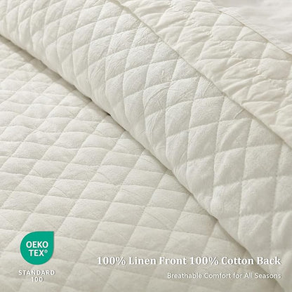Grassix Linen Quilt Set King Size 3-Piece, 100% Linen Front & Cotton Back, Prewashed Diamond Stitch Bedspread with 2 Shams, Lightweight Breathable Quilt for Hot Sleepers, Modern Farmhouse Bedding