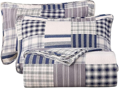 vctops Cotton Quilted Patchwork Quilt Set Queen Size Farmhouse Blue Plaid Bedspreads Coverlet 3 Pieces Summer Lightweight 1 Quilt and 2 Pillow Shams for All Season (Plaid B,Queen)