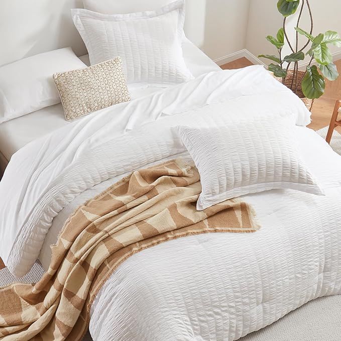 CozyLux King Size Comforter Set White Seersucker 7 Pieces Bed in a Bag King Comforter Set with Sheets, Luxury Soft Bedding Sets with Down Alternative Comforter, Sheets, Pillowcases & Shams All Seasons