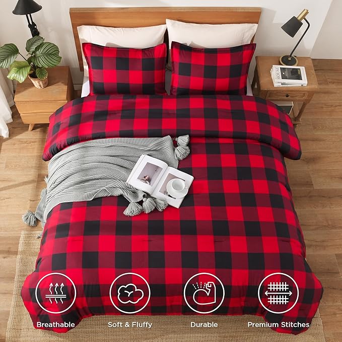 Andency Red and Black Plaid Comforter Set Queen(90x90Inch), 3 Pieces Buffalo Plaid Checkered Gingham Bedding Comforter Sets, Soft Burgundy Lightweight Geometric Down Alternative Bed Set