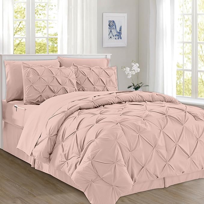 Elegant Comfort 8-Piece Pinch Pleated Comforter Set - All Season Complete Bed in a Bag, Includes 4pc Smart Sheet Set, Bed Skirt, Comforter, Matching Pillowcases and Shams, King/Cal King, Blush Pink