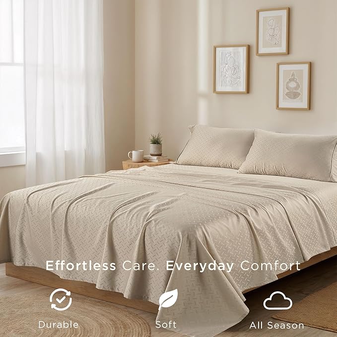 Threadmill Cotton Full Size Sheet Set | 100% Cotton Sheets for Full Size Bed | Damask Jacquard Full Bed Sheets Set with 16” Deep Pocket | Soft Sateen Weave 4-Piece Cooling Bedding Set | Beige