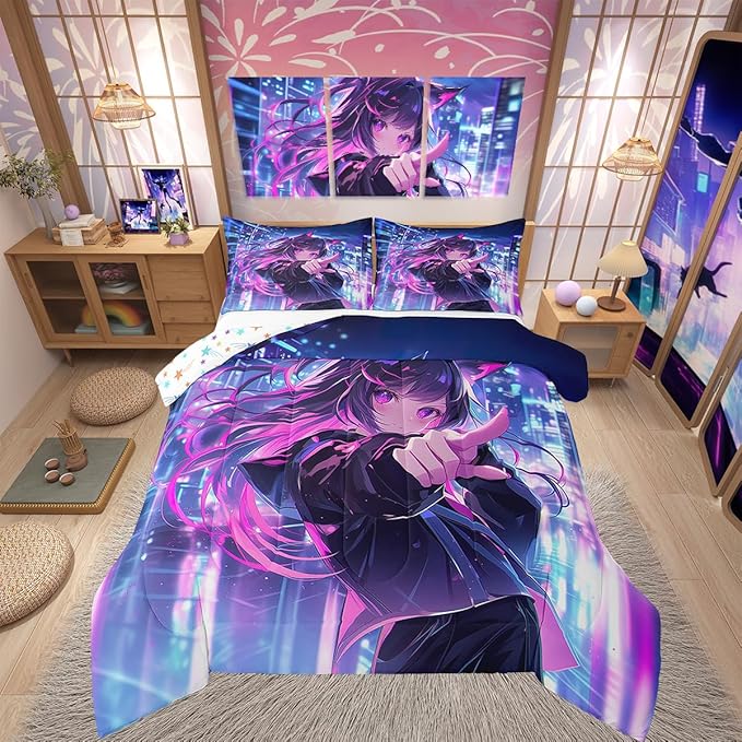 Erosebridal Kids Anime Girl Queen Size Comforter Set, Japanese Anime Bedding Set, Cartoon Girl Quilt for Boys Teens Bedroom Decor, Kawaii Japanese Animation Duvet Insert with 2 Pillow Cases