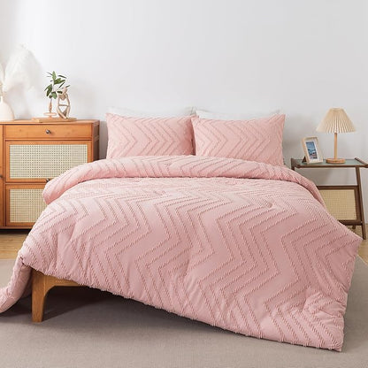 Andency Pink Comforter Set King, Boho Cute Girls Women Soft Fluffy Warm Lightweight Bedding Comforter Sets for King Bed, 3 Pieces Chevron Tufted Aesthetic Microfiber Comforter Set