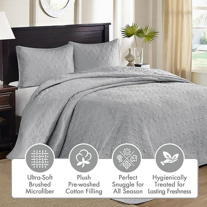 Madison Park Quebec Queen Size Quilt Bedding Set - Grey , Damask – 3 Piece Bedding Quilt Coverlets – Ultra Soft Microfiber Bed Quilts Quilted Coverlet