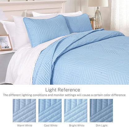 Exclusivo Mezcla Ultrasonic Twin Quilt Bedding Set, Lightweight Light Blue Bedspreads Soft Modern Geometric Coverlet Set for All Seasons (1 Quilt and 1 Pillow Sham)