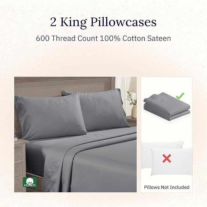 Luxuriously Soft Premium 600 Thread Count, 100% Cotton Set of 2 Cases, Crisp Pillow Cases King Size Set of 2, Fits King Pillows (Mist Grey)