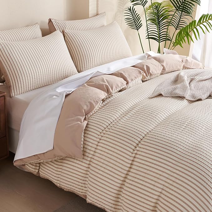 Comforter King Set Beige Striped Soft Luxury Washed Microfiber Jacquard 3 Pieces Bedding, White Beige Vertical Ticking Stripes Pattern Comforter with 2 Pillowcases Breathable Durable Comfy
