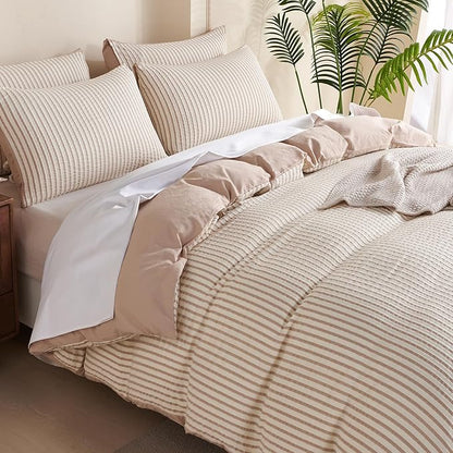 Comforter King Set Beige Striped Soft Luxury Washed Microfiber Jacquard 3 Pieces Bedding, White Beige Vertical Ticking Stripes Pattern Comforter with 2 Pillowcases Breathable Durable Comfy