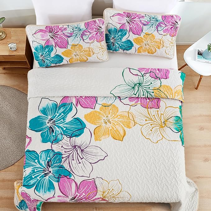 DJY Romantic Pink Teal Quilt Set Queen Size, 3 Pieces Colourful Floral Bedspread Set Bohemia Reversible Bedding Set Microfiber Lightweight Bedspread Coverlet Set for All Season 90"x96"