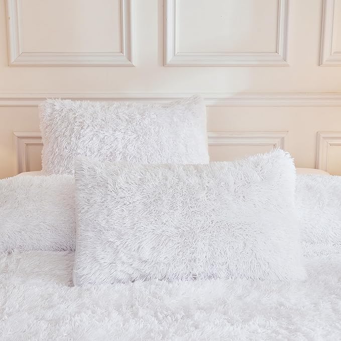 Andency Faux Fur White Comforter Queen Size, 3 Pieces Fluffy Fuzzy Plush Bedding Comforter Set (1 Shaggy Velvet Comforter & 2 Pillowcases), Soft Puffy Comfy Down Alternative Bedding Set