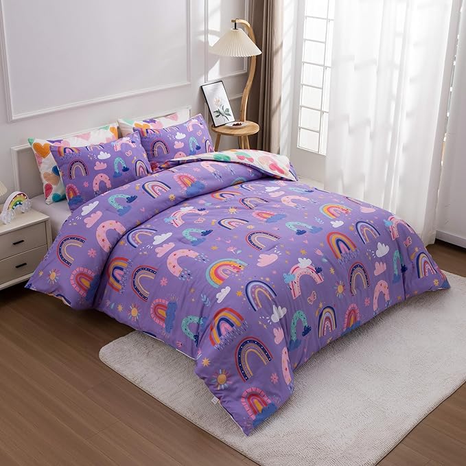 Btargot Lightweight Soft 3 Piece Rainbow Comforter Set with 2 Pillow Covers, Cartoon Love Hearts Flowers and Sun Star Bedding Set for Girls Boys Kids, Full Dark Purple
