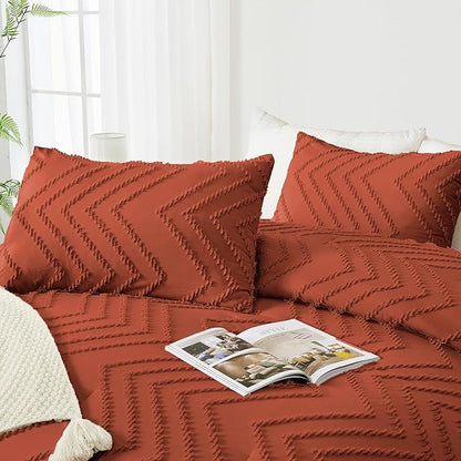 Andency Burnt Orange Oversized King Comforter Set 120x98, Boho Oversize King Soft Warm Tufted Bedding Comforter Sets, 3 Pieces Aesthetic Chevron Farmhouse Cute Bohemian Textured Bedding Set