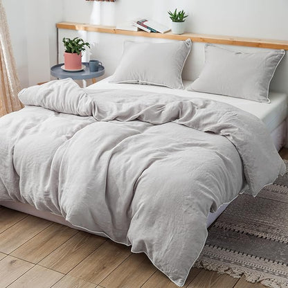 Simple&Opulence 100% Washed Linen Duvet Cover with Pom Pom Trim, Natural French Flax Bedding Set Soft Breathable,1 Farmhouse Boho Comforter Cover and 2 Pillow Shams(Queen,Natural Linen)