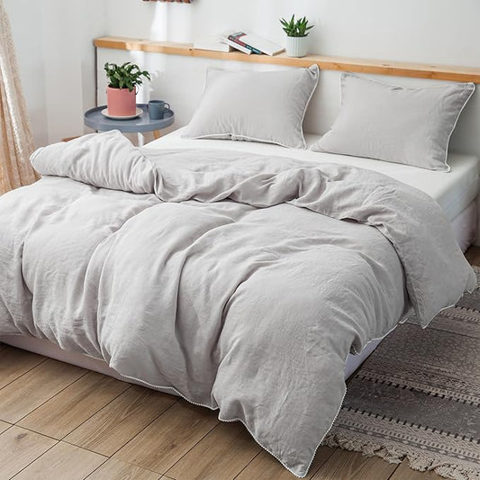 Simple&Opulence 100% Washed Linen Duvet Cover with Pom Pom Trim, Natural French Flax Bedding Set Soft Breathable,1 Farmhouse Boho Comforter Cover and 2 Pillow Shams(King,Natural Linen)