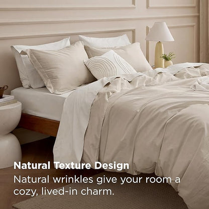 Bedsure 100% Washed Cotton Duvet Cover Super King Size - Oatmeal Minimalist Bedding Set Linen Like - PureWoven Plain Simple & Soft Comforter Cover for All Seasons (Oatmeal, Super King, 108"x98")