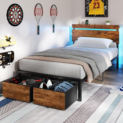 Forestell Twin Bed Frame with Wood Headboard,2 Storage Drawers & Shelf | Built-in Charging Station & LED Lights, Metal Support, No Box Spring Needed, noise-free, easy assembly, Smart RGB, USB+Type-C