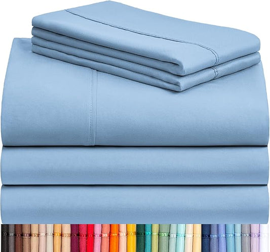 LuxClub 5 PC Split King Sheet Set, Breathable Luxury Bed Sheets, Deep Pockets 18" Eco Friendly Wrinkle Free Cooling Sheets Machine Washable Hotel Bedding Silky Soft - Sky Split King