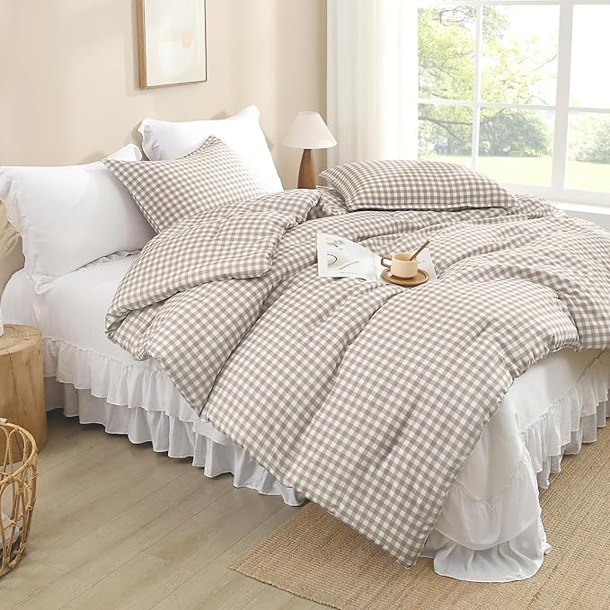 Andency Tan Gingham Comforter Set Queen(90x90Inch), Brown Checkered Grid Plaid Buffalo Bed Set for Girls Boys Kids Teens, 3 Pieces Lightweight Polyester Geometric Preppy Bedding