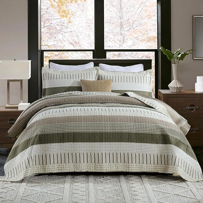 PANGUSHAN 100% Cotton Quilt Set Queen Size, Patchwork Queen Quilt Bedding Set Bedspreads, Farmhouse Lightweight Comforter Reversible Quilt, Queen Bed Spread for All Season, Green/Brown/Cream