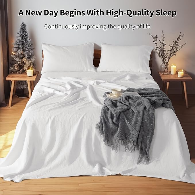 LBRO2M 100% Pure Linen Sheet Set Deep Pocket Up to 16" Bed Sheets Sets, Natural Flax Beddings Soft, Breathable, Comfortable for All Seasons Twin XL Size, White