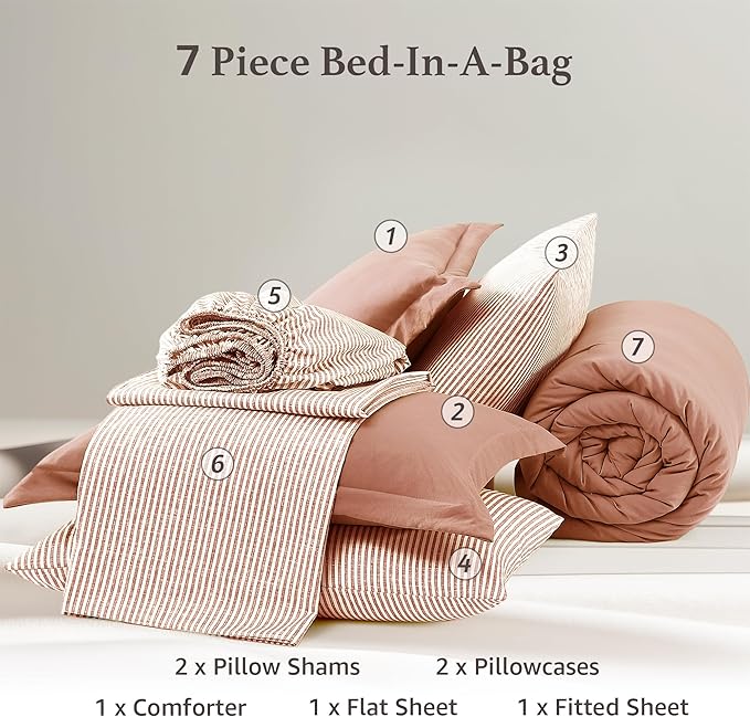 Monbix Queen Comforter Set - 7 Pieces Autumn Leaf Prewashed Bed in a Bag Queen Bedding Sets with Comforters, All Seasons Ultra Soft Comforter Bed Set with Sheets,Pillowcases & Shams