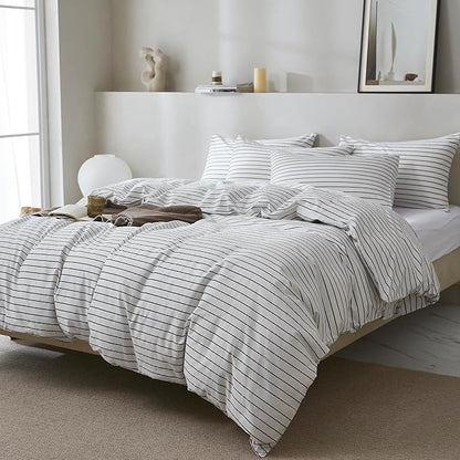 JELLYMONI 100% Natural Cotton 3pcs Striped Duvet Cover Sets, White Duvet Cover with Thin Black Stripes Pattern Printed Comforter Cover, with Zipper Closure & Corner Ties(Queen Size)