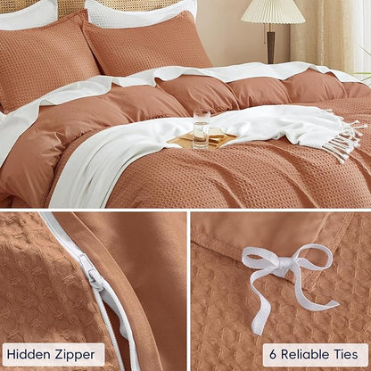 PHF Waffle Duvet Cover Set Twin/Twin XL Size, No Snagging Ultra Soft Luxury Textured Breathable Comforter Cover for All Season 2pcs, Durable Bedding Duvet Set with 1 Pillow Sham, 68"x90", Terra Cotta