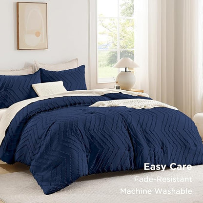 Andency Navy Blue Comforter Set Queen Size, Boho Soft Warm Tufted Bedding Comforter Sets for Queen Size Bed, 3 Pieces Aesthetic Chevron Farmhouse Cute Bohemian Textured Bed Set