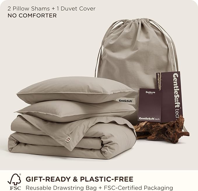 Bedsure Cotton Duvet Cover Queen - Luxury Slub Weave 100% Cotton Duvet Cover Set, PureWoven Bedding Set with a Linen Like Textured, Easy Change, Tannish Linen Grey, 90" x 90"