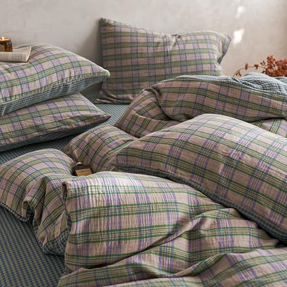 EAVD Vintage Style Pastel Pink Plaid Duvet Cover Set King Soft 100% Cotton Muslin Retro Green&Purple Grid Plaid Bedding Set with 2 Pillowcases Aesthetic Gingham Duvet Cover with Zipper Closure