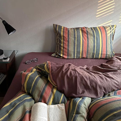 mixinni Vintage Striped Duvet Cover Set Twin Size - 3 Piece 100% Washed Cotton Bedding Set, Soft & Breathable, Colorful Striped Pattern Printed Comforter Cover for All Seasons