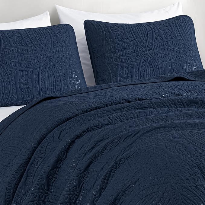 Chezmoi Collection Austin 3-piece Oversized Bedspread Coverlet Set (Queen, Navy) | Oversized, Lightweight, Fade Resistant