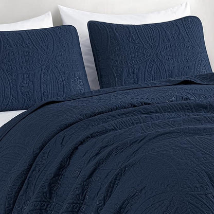 Chezmoi Collection Austin 3-piece Oversized Bedspread Coverlet Set (Queen, Navy) | Oversized, Lightweight, Fade Resistant