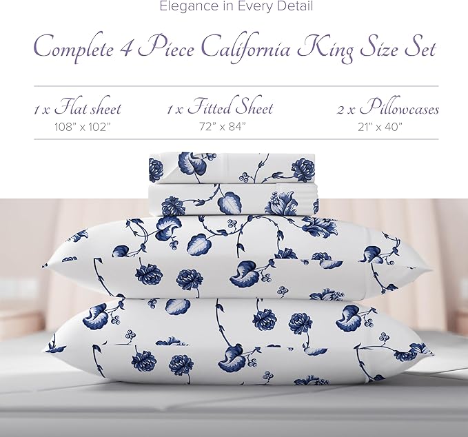 Carressa Linen Luxury Egyptian Cotton California King Printed Sheet Set - 600 Thread Count Extra Long Staple 4 PC Set, Floral Blue Cal King Printed Sheets, Soft, Cooling Sheets Upto 18 in Deep Pocket