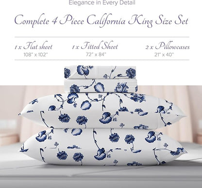 Carressa Linen Luxury Egyptian Cotton California King Printed Sheet Set - 600 Thread Count Extra Long Staple 4 PC Set, Floral Blue Cal King Printed Sheets, Soft, Cooling Sheets Upto 18 in Deep Pocket
