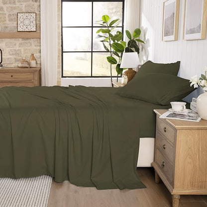 ROSE&RISY Dark Green Sheets Queen Sheet Set, Pre-Washed Cotton-Like Brushed Microfiber, 4 Pcs Super Soft Breathable Cooling Bed Sets,Includes 1 Fitted, 1 Flat, 2 Pillowcases (Dark Green, Full)