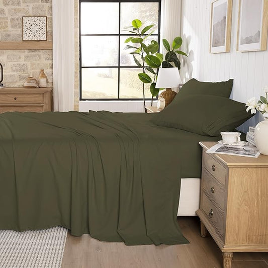 ROSE&RISY King Size Sheet Set, Pre-Washed Microfiber Cotton-Like 4 Pcs Ultra Soft Bedding Set King, Breathable Cooling Skin-Friendly All Seasons, 1 Fitted, 1 Flat, 2 Pillowcases (Dark Green, King)