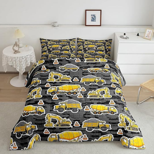 Erosebridal Excavator Comforter Set King Concrete Truck Pattern Bedding Set Child Teens Construction Down Comforter for Kids Boys Cartoon Toy Cars Quilt Set Bedroom Decor, Grey