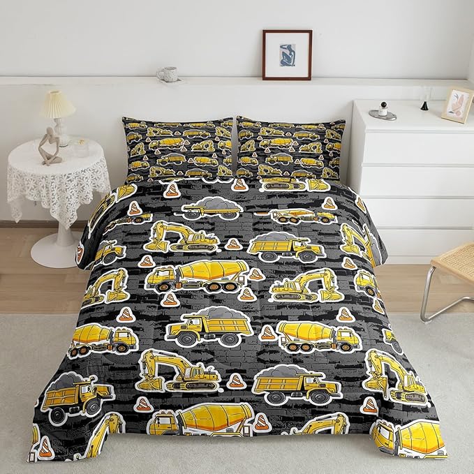 Erosebridal Excavator Comforter Set Queen Concrete Truck Pattern Bedding Set Child Teens Construction Down Comforter for Kids Boys Cartoon Toy Cars Quilt Set Bedroom Decor, Grey