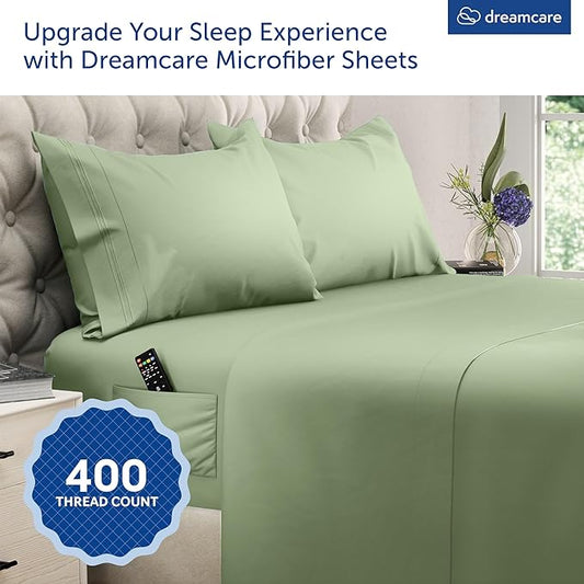 DREAMCARE King Size Sheets Set - Cooling Bed Sheets - 4pcs Set - up to 15" Deep Pocket King Sheet Set – Soft & Long Lasting Cooling - 100% Fine Brushed Microfiber with Side Pocket - Sage Green