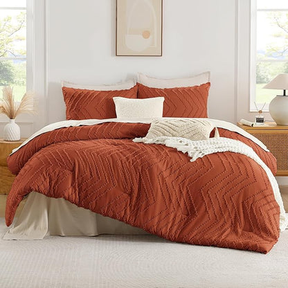 Andency Burnt Orange Oversized Super King Plus Comforter Set 128x120, Extra Large King Size Comforter Oversize Boho Soft Warm Bedding Comforter Sets, 3 Pieces Aesthetic Chevron Textured Bedding