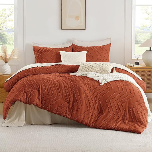 Andency Burnt Orange California King Size Comforter Set, Cal King Boho Terracotta Soft Warm Bedding Comforter Sets, 3 Pieces Cali King Rust Chevron Tufted Aesthetic Microfiber Comforter Set