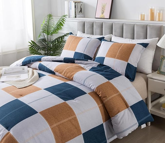 Caressma Navy Blue Plaid Checkered Comforter Set, Fluffy Geometric Grid Gray and Brown Buffalo Twin Size Comforter with Matching Pillow Shams for All Seasons