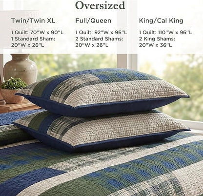 WOOLRICH Spruce Hill Reversible Quilt Set - Cottage Styling Reversed to Solid Color, All Season Lightweight Coverlet, Cozy Bedding Layer, Matching Shams, Oversized King/Cal King, Stripes Green 3 Piece