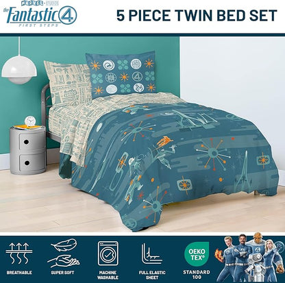 Jay Franco Comforter Set Includes Sheets and Pillow Covers - Soft and Cozy Bed Set for Stylish Room Decor, Blue - The Fantastic Four, 5 Piece Twin Size Bedding
