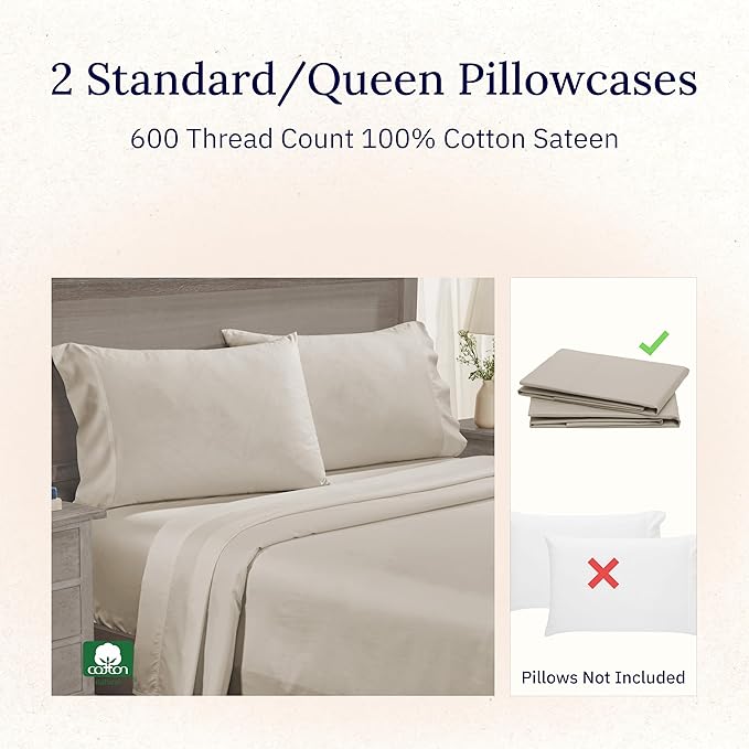 California Design Den Premium Standard/Queen Size Pillow Cases Set of 2-600 Thread Count Sateen, Natural 100% Cotton Pillow Cover, Crisp, Durable Bedding - Soft Linen