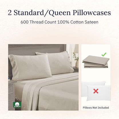 California Design Den Premium Standard/Queen Size Pillow Cases Set of 2-600 Thread Count Sateen, Natural 100% Cotton Pillow Cover, Crisp, Durable Bedding - Soft Linen