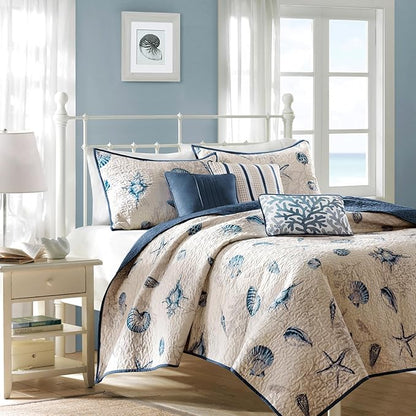 Madison Park Quilt Set Cottage Coastal Design, Starfish Print - All Season, Coverlet Bedspread Lightweight Bedding Layer, Shams, Toss Pillows, King/Cal King(104"x94"), Bayside Blue/Ivory 6 Piece