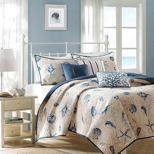Madison Park Quilt Set Cottage Coastal Design, Starfish Print - All Season, Coverlet Bedspread Lightweight Bedding Layer, Shams, Toss Pillows, King/Cal King(104"x94"), Bayside Blue/Ivory 6 Piece